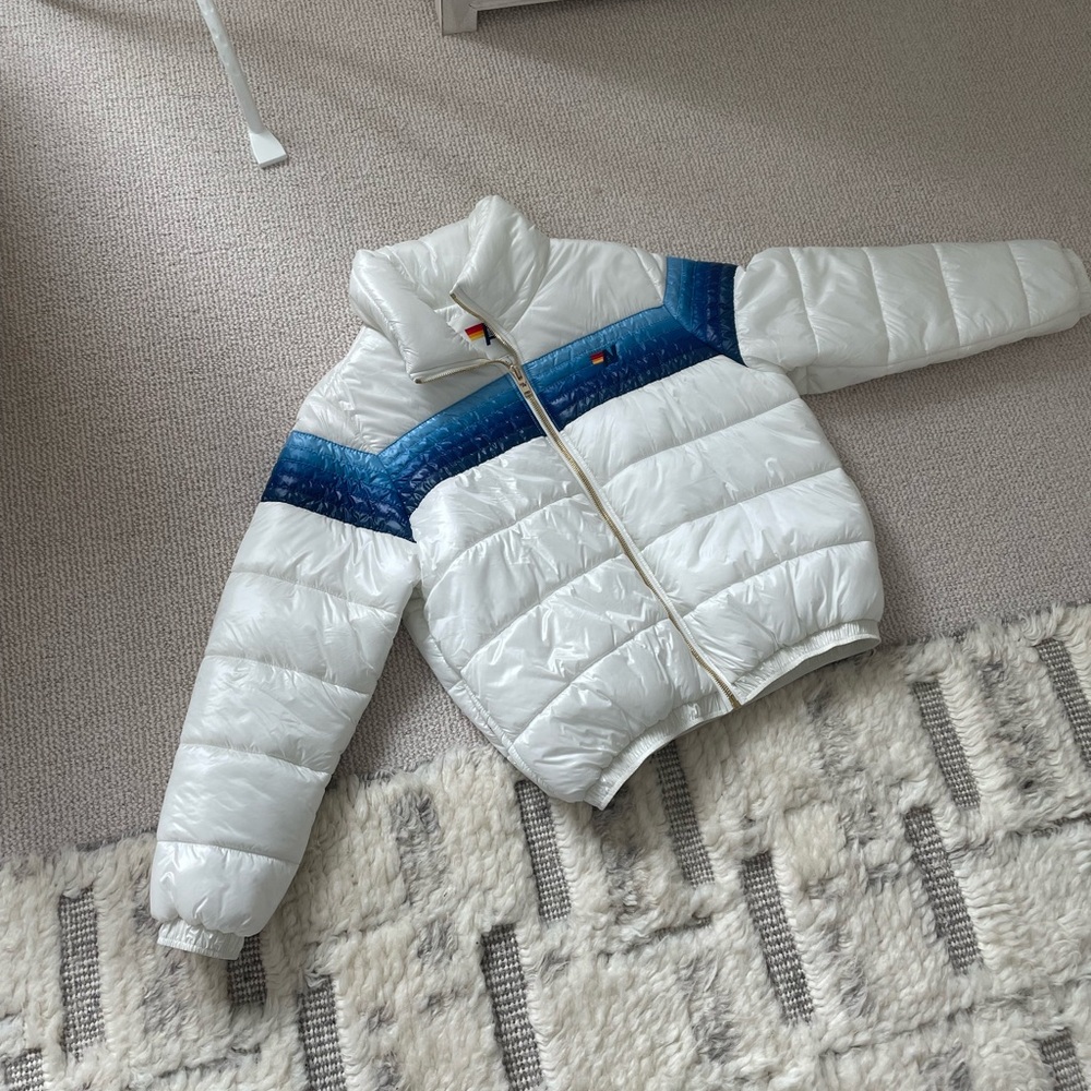 Aviator Nation White and Blue Puffer Jacket
